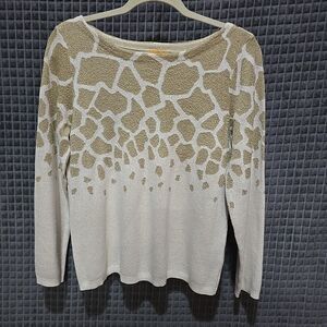 Gold Sparkle Thin Giraffe Sweater SzM Soft Boho Chic Cottage Animal Print Glam